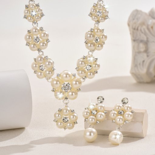 Europe and America cross border vintage court Pearl rhinestone necklace earrings flower bridal necklace two-piece earrings set Wholesale - Image 7
