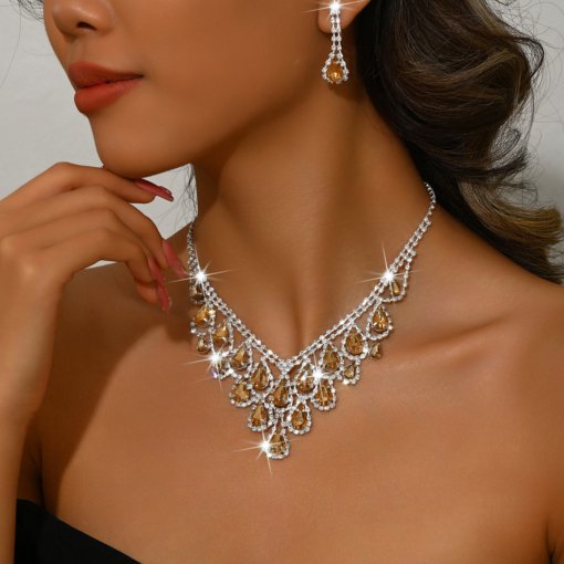 Foreign trade jewelry European and American diamond water drop necklace fashion personality necklace bridal evening dress necklace 2 pieces suit - Image 10