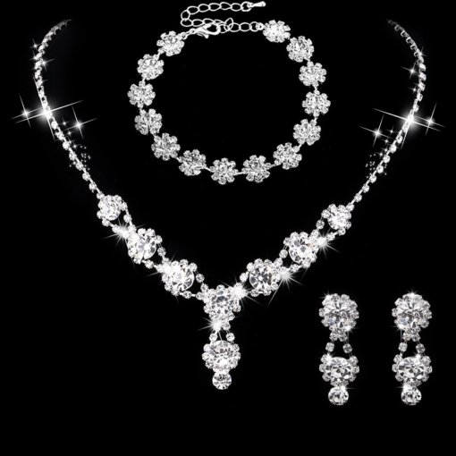 Brand New Bridal Ornament wholesale jewelry suit silver rhinestone women's necklace earrings bracelet wedding accessories