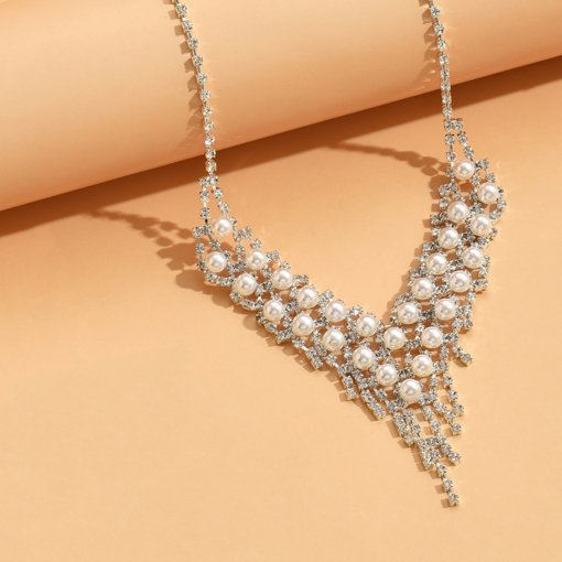 Ornament wholesale foreign trade Women's ornament tassel inlaid pearl diamond silver plated necklace and earrings suite 465# - 图片 4