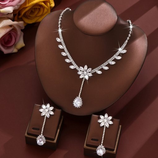 Fashion Fashion zircon luxury necklace and earrings suite ins live popular wear dress pink flower tassel - Image 6