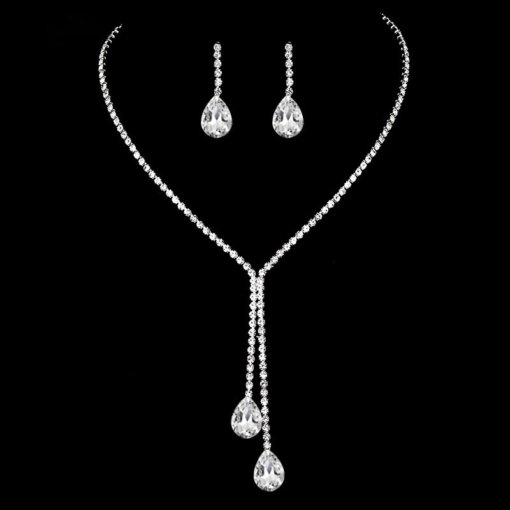 European and American simple jewelry water drop shiny wedding claw chain rhinestone dinner set chain necklace earrings bridal four-piece set - Image 6