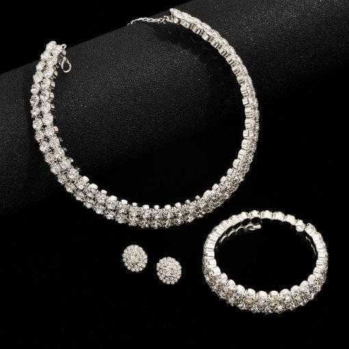 Hot sale luxury women's double row big water diamond silver collar hand ring stud earrings 3-piece set 888 - Image 2