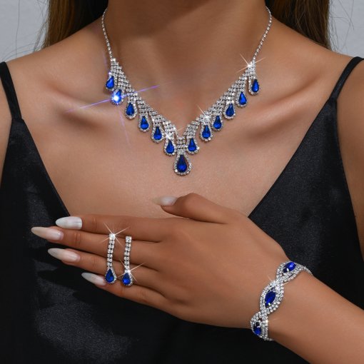 Bridal wedding suit necklace earrings two-piece set geometric full diamond wedding evening dress accessories cross-border hot set chain - 图片 8