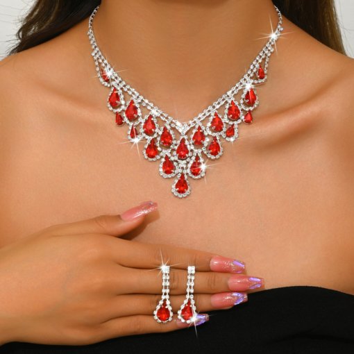 Foreign trade jewelry European and American diamond water drop necklace fashion personality necklace bridal evening dress necklace 2 pieces suit - Image 2