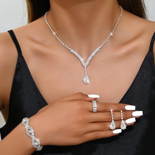 Cross-border e-commerce bride jewelry for girls European and American rhinestone necklace earrings earrings wedding jewelry suit wholesale - Image 2
