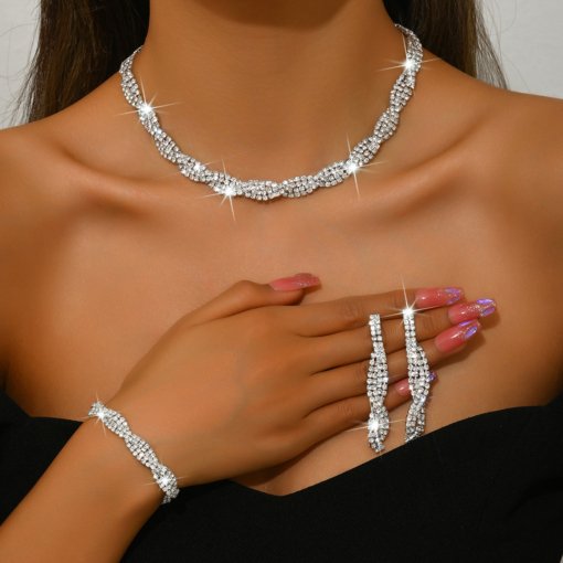 Cross-border hot selling claw chain rhinestone necklace and earrings suite four-piece woven necklace clavicle chain dinner accessories for women - Image 4
