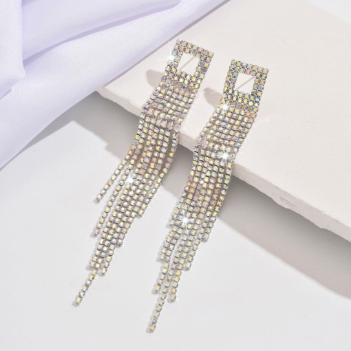 New European and American style Super Flash AB diamond long fringe earrings women's fashion luxurious style ear studs bridal ear jewelry - 图片 4