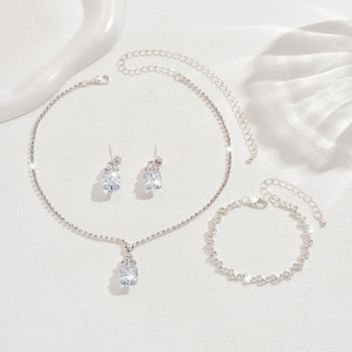 Fashion zircon earrings necklace bracelet four-piece set flash top grade Women's Party dinner can be worn daily - 图片 3