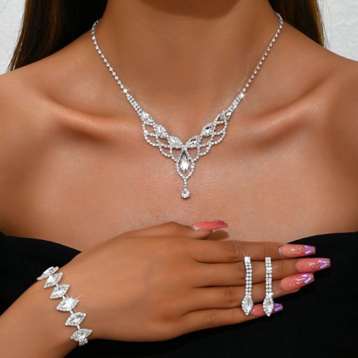 Fashionable simple full diamond Super Flash drop-shaped mesh necklace earrings bracelet ornament bridal elegant accessories - Image 4
