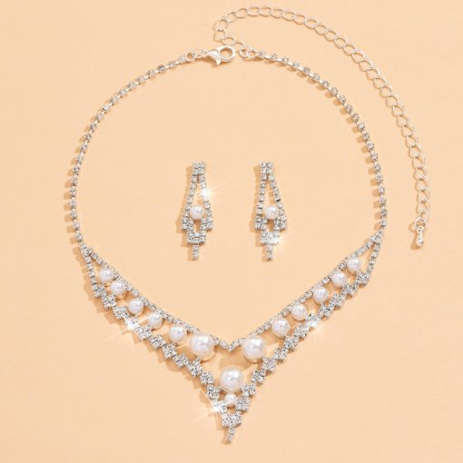 Cross-border Amazon bridal rhinestone crystal imitation pearl necklace and earrings suite ladies ball garment with factory home decoration - Image 4