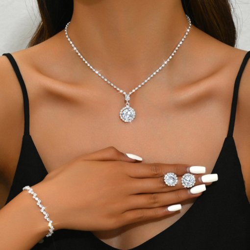 Amazon ornament supply brand new simple shiny zircon set chain wedding bridal gown accessories necklace earring bracelet