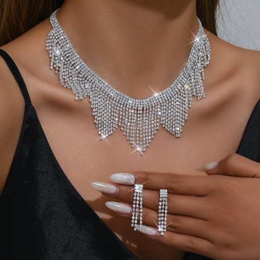 Bridal wedding suit necklace earrings two-piece set geometric full diamond wedding evening dress accessories cross-border hot set chain - Image 3