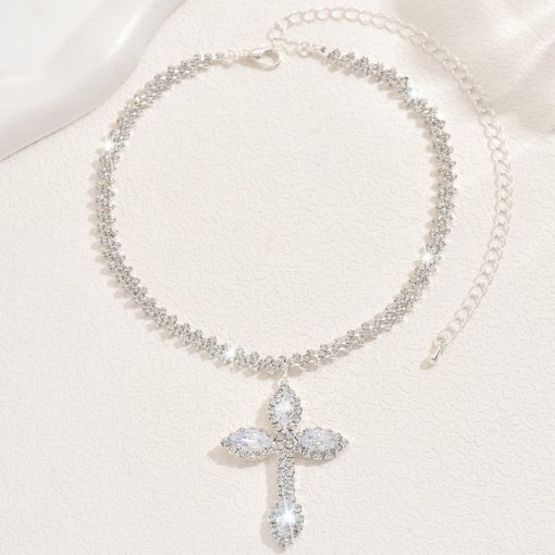 Cross-border personalized collar trendy fashion Joker cross necklace women's sweet choker full diamond necklace ornament - 图片 2