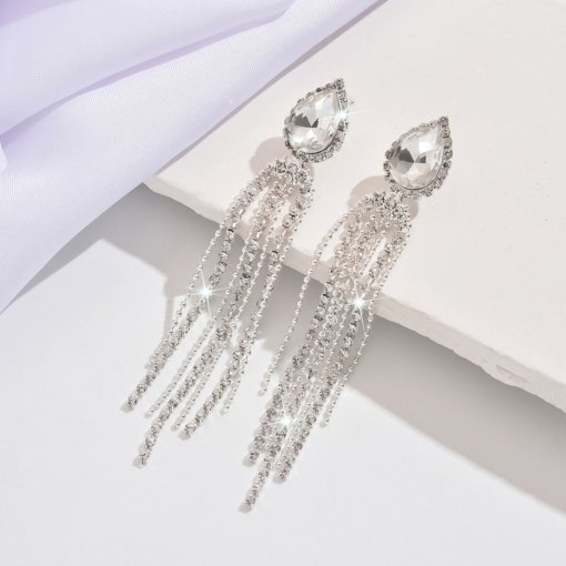 Europe and America cross border luxury inlaid zircon long fringe earrings women's high-end fashion claw chain shiny diamond ear studs earrings - 图片 4