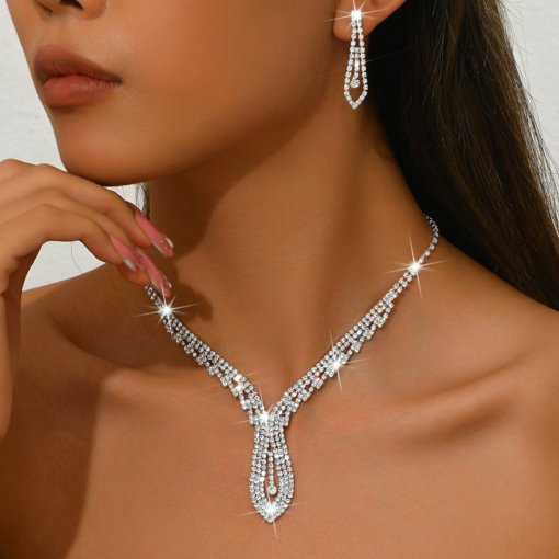 European and American bride claw chain ornament full rhinestone welded refined rhinestone earrings necklace simple set exquisite jewelry - Image 2