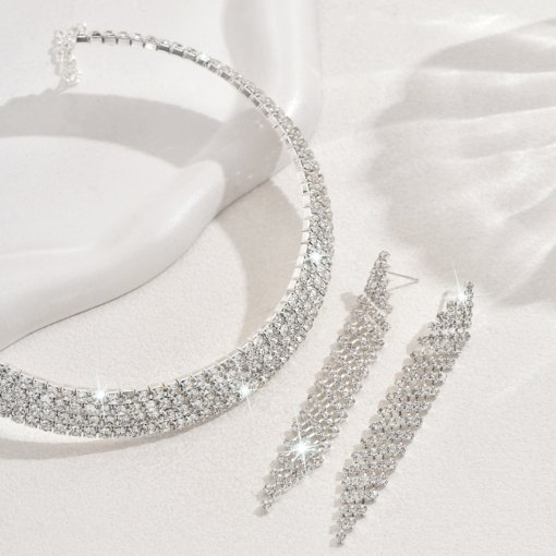 2024 fashion elegant luxury full diamond shiny rhinestones Paster neck collar bracelet tassel earrings suit bride ornament - Image 3