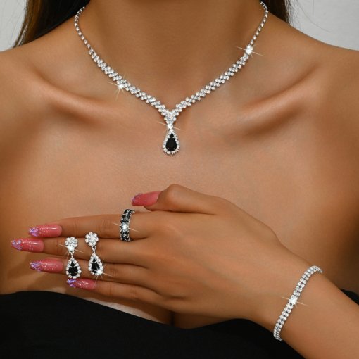 Cross-border European and American style necklace bracelet ring suit bridal accessories jewellery zircon earrings four-piece dress wedding dress - 图片 2