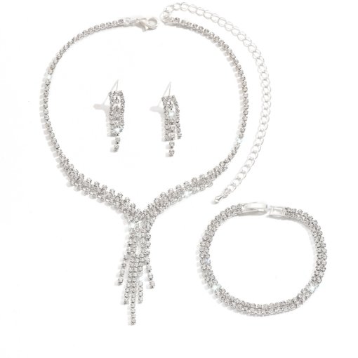 Affordable luxury fashion temperament clavicle chain autumn and winter accessories women's shiny diamond tassel necklace earring bracelet three-piece set European and American - Image 5