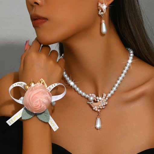 European and American anti-pearl necklace earring bracelet suit alloy flower bridal dress personalized set suit women's fashion temperament