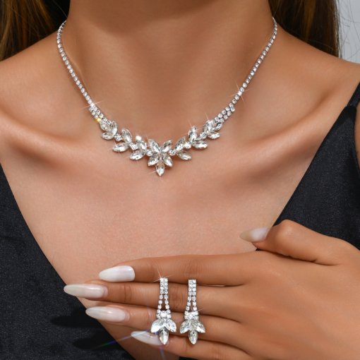 Factory Direct supply bridal jewelry suit rhinestone crystal flowers necklace earrings full diamond dinner dress accessories