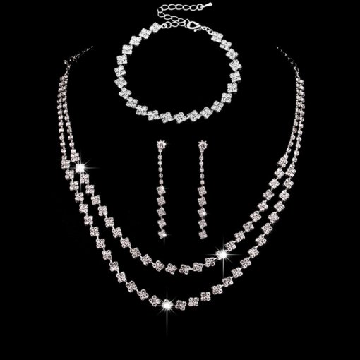 Amazon ornament wholesale hot sale double-layer rhinestone suit necklace earring bracelet women's wedding match