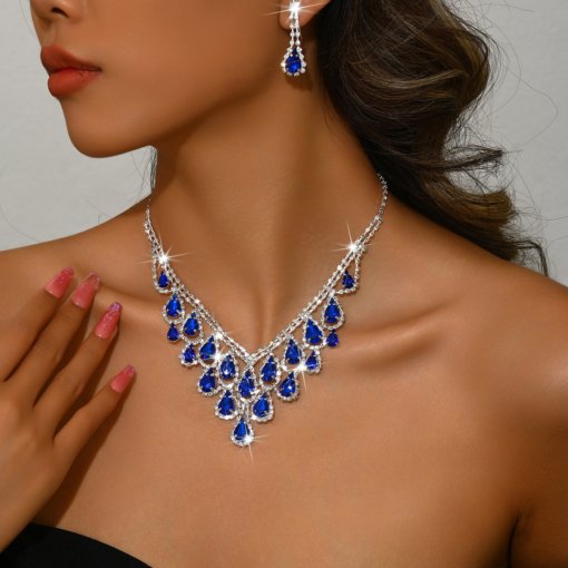 Foreign trade jewelry European and American diamond water drop necklace fashion personality necklace bridal evening dress necklace 2 pieces suit - Image 7