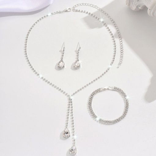 European and American simple jewelry water drop shiny wedding claw chain rhinestone dinner set chain necklace earrings bridal four-piece set - Image 5