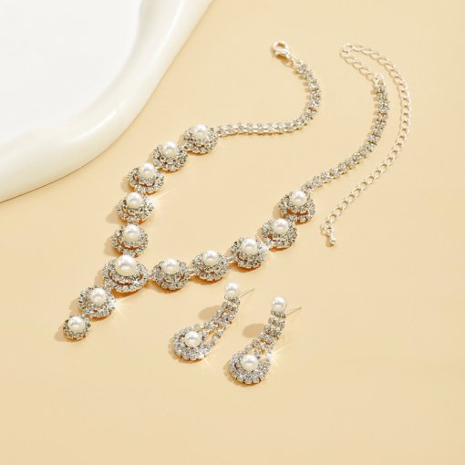 Amazon cross-border sold jewelry wholesale European and American rhinestone suit necklace female inlaid artificial pearl earrings bridal set - Image 2