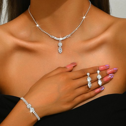 Cross-border supply hot sale foreign trade ornament pendant full rhinestone zircon necklace earrings rhinestone set chain wedding jewelry suit