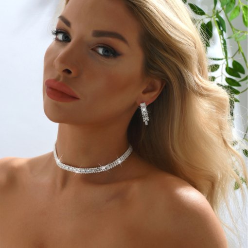 Foreign trade supply European and American exquisite Internet celebrity women's full diamond clavicle necklace diamond necklace earrings two-piece set pack