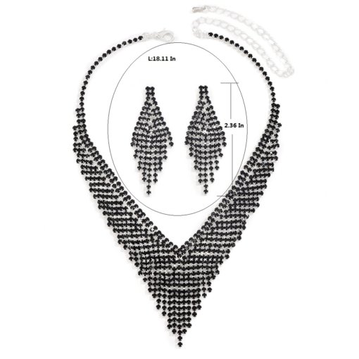 Hot selling cross-border women's jewelry fashion black tassels crystal stone silver necklace earrings 2-piece set - Image 5