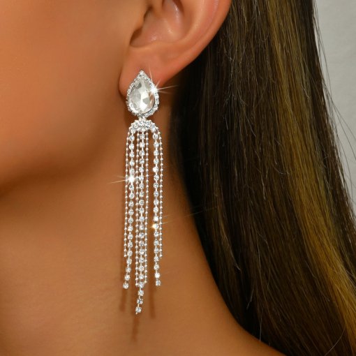 Europe and America cross border luxury inlaid zircon long fringe earrings women's high-end fashion claw chain shiny diamond ear studs earrings - 图片 2