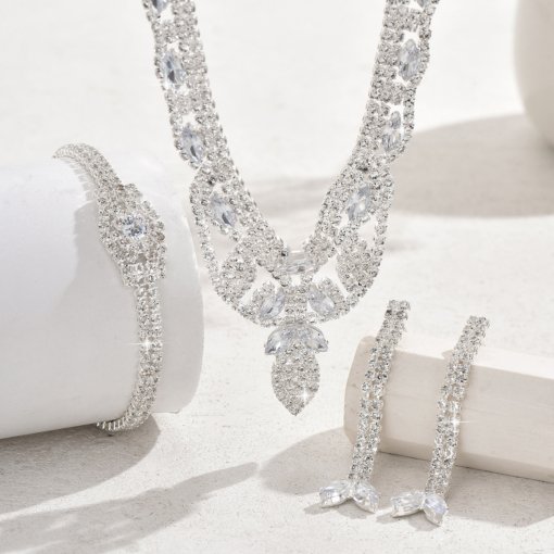 2024 new fashion trendy European and American zircon earrings necklace bracelet three-piece set women's wedding wholesale - 图片 4