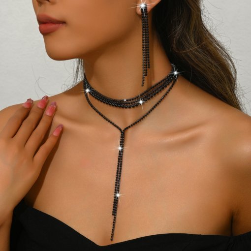 Amazon new design bohemian Y-shaped rhinestone inlaid multi-layer necklace tennis chain Lasso clavicle chain