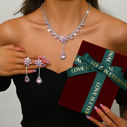 Fashion Fashion zircon luxury necklace and earrings suite ins live popular wear dress pink flower tassel