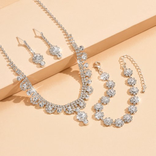 Cross-border sold jewelry wholesale wedding rhinestone quartz necklace and earrings suite light classic decorative flowers bridal jewelry set - 图片 2