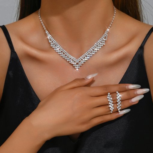 2024 European and American exquisite diamond clavicle necklace earrings simple elegant dress wedding all-match suit three-piece set - 图片 6