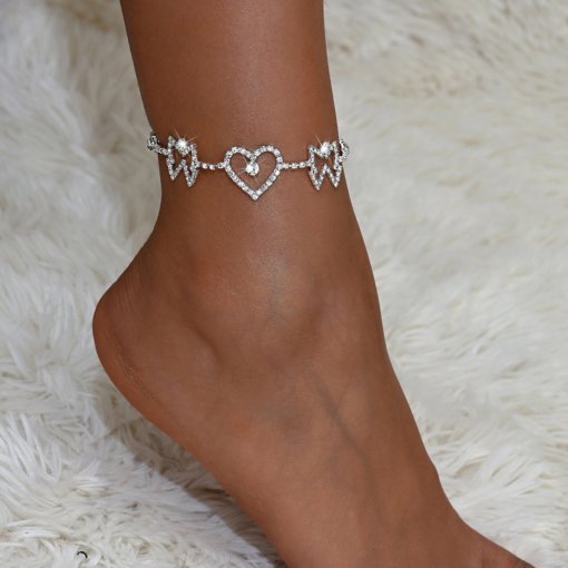 New hot sale fashion popular temperamental tassels rhinestone love heart foot ornaments rhinestone full diamond anklet European and American supply wholesale - Image 3