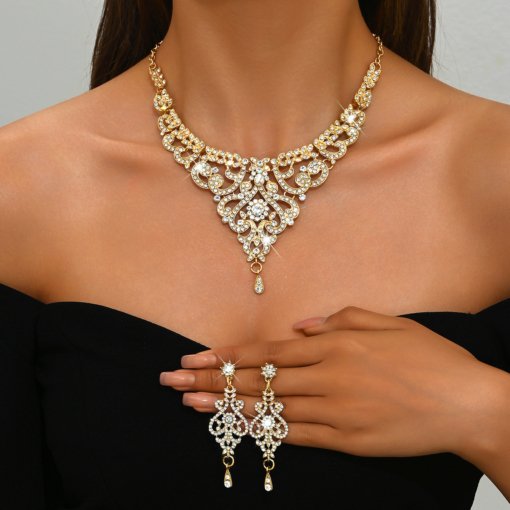 Amazon cross-border e-commerce European and American exaggerated rhinestone necklace and earrings suite bridal dress banquet women's accessories - Image 2