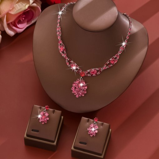 Heavy industry zircon luxury necklace and earrings suite skirt wear pink love live jewelry stylish water drop pendant - Image 2