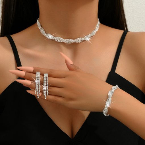 Wedding party decorations ladies decoration fashion claw chain bright diamond banquet bracelet necklace earrings four-piece set - Image 8