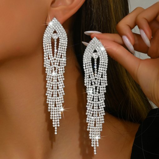 European and American style exaggerated and personalized diamond full diamond long fringe earrings fashion runway temperament wild eardrop earring women