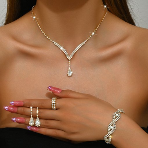 Cross-border e-commerce bride jewelry for girls European and American rhinestone necklace earrings earrings wedding jewelry suit wholesale - Image 8