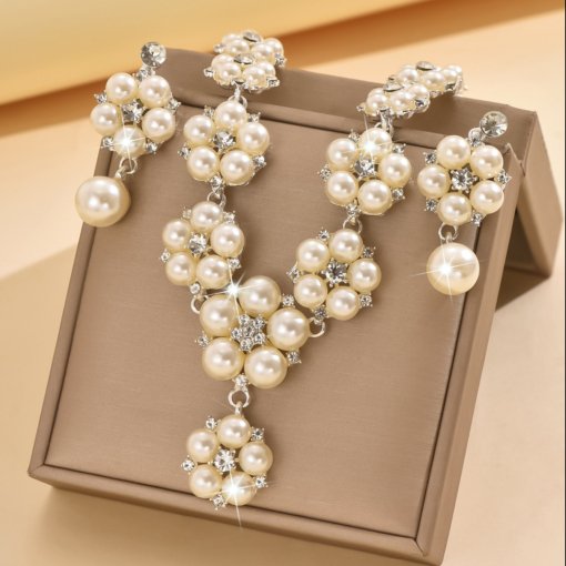 Europe and America cross border vintage court Pearl rhinestone necklace earrings flower bridal necklace two-piece earrings set Wholesale - Image 4
