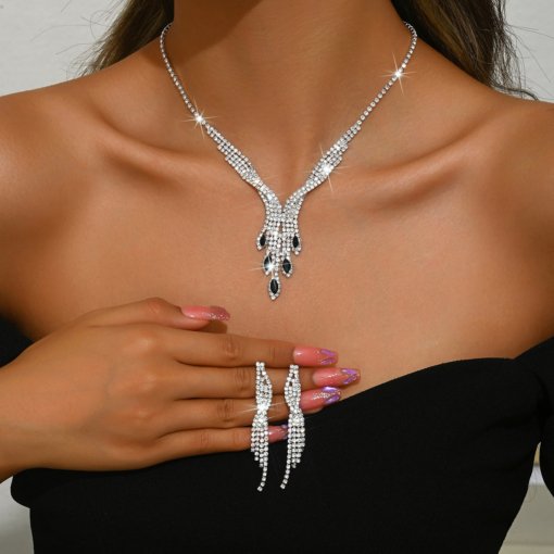 Hot sale cross-border European and American/Korean bridal suit creative shiny diamond wedding necklace earrings jewelry fashion suit suit