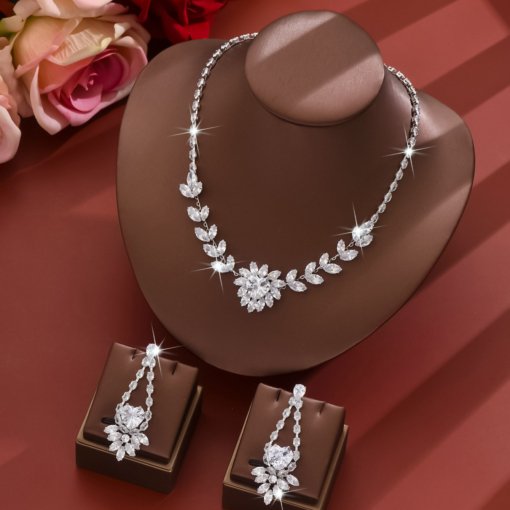 Lover's gift jewelry set assembly bow gift box world fashion zircon necklace ear stud electroplated White K colorfast - 图片 5