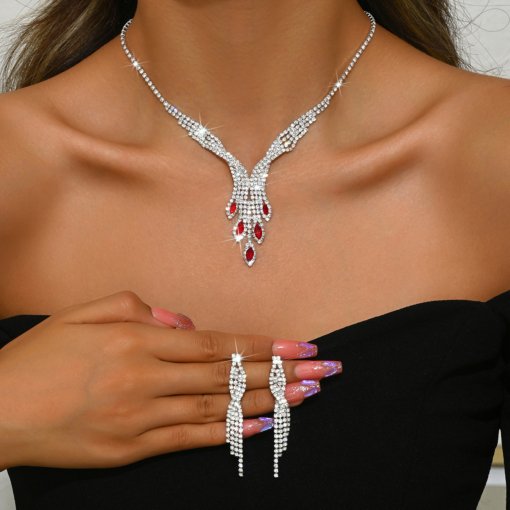 Hot sale cross-border European and American/Korean bridal suit creative shiny diamond wedding necklace earrings jewelry fashion suit suit - Image 4