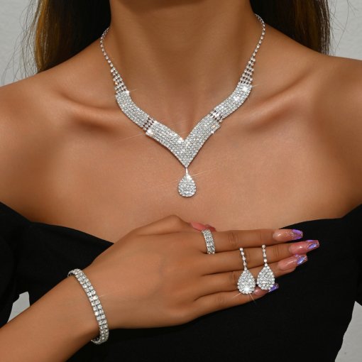In stock hot sale wedding accessories necklace eardrops bracelet ring jewelry suit luxury rhinestone bridal set chain