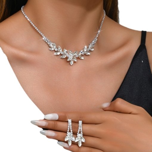 Factory Direct supply bridal jewelry suit rhinestone crystal flowers necklace earrings full diamond dinner dress accessories - 图片 5